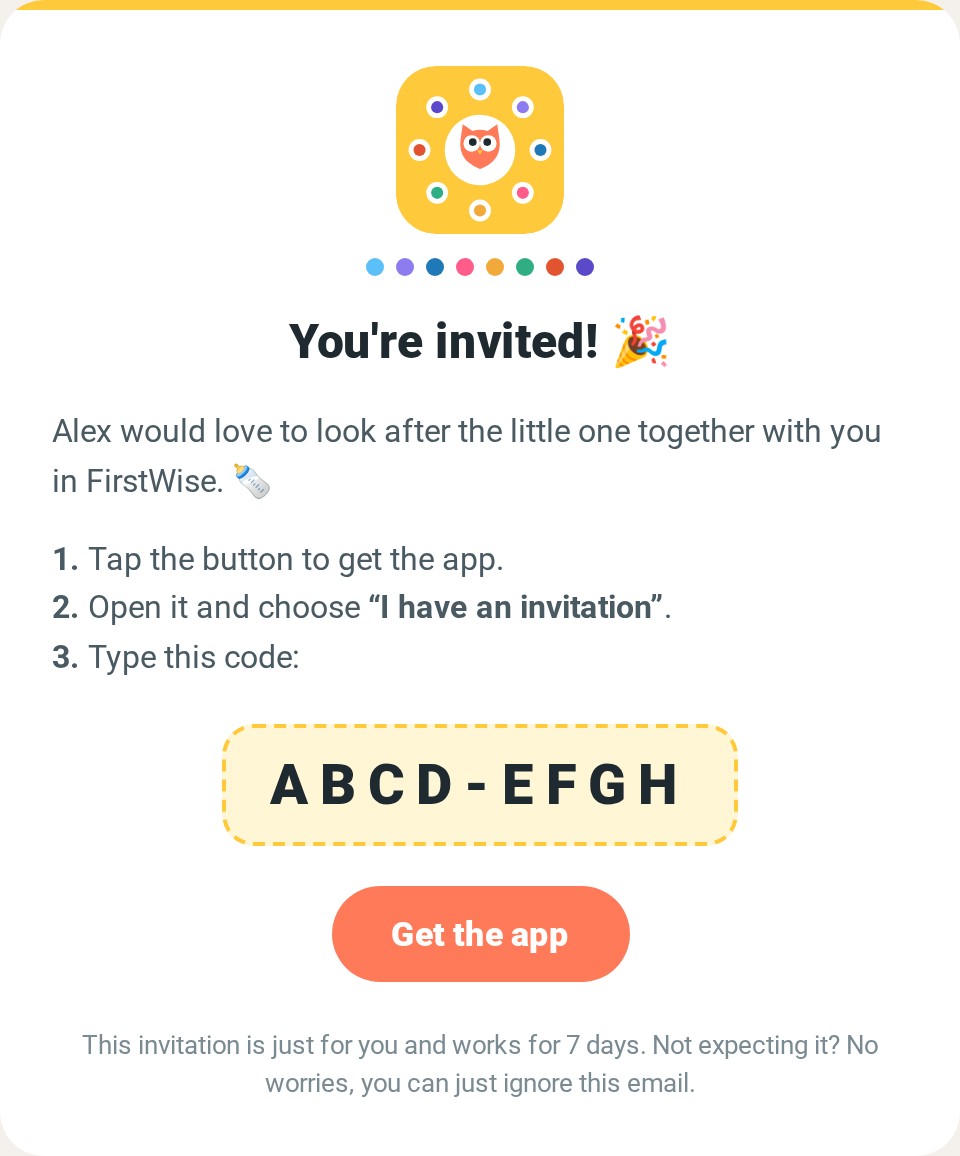 The FirstWise invitation email with a join code